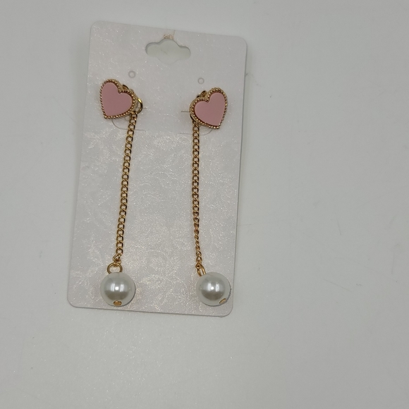 Pink Hearts and pearl dangling earrings, gold hardware - Picture 6 of 6